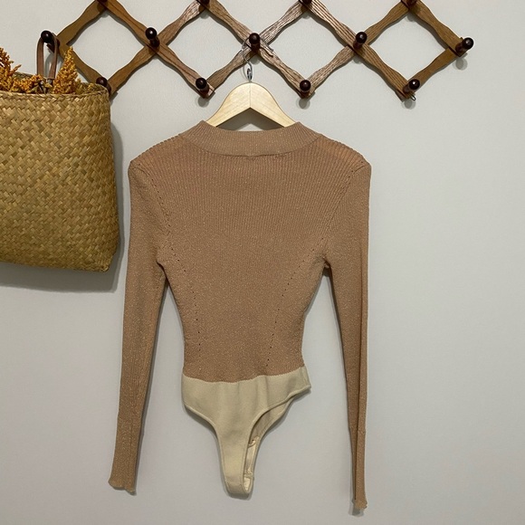 Free People Tan Metallic Shimmer Asymmetrical Fitted Bodysuit - Picture 3 of 4